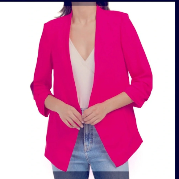 RACHEL ZOE Elegant Fuchsia Pink Open Front 3/4  RushGathered Sleeve Blazer Sz L - Picture 15 of 15